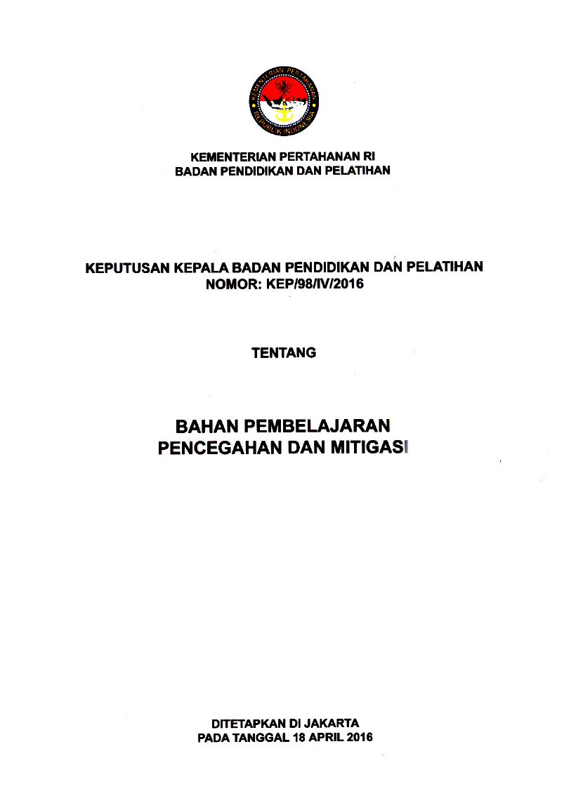 KEPUTUSAN KEPALA BADAN PENDIDIKAN DAN PELATIHAN TENTANG BAHAN PEMBELAJARAN PENCEGAHAN DAN MITIGASI