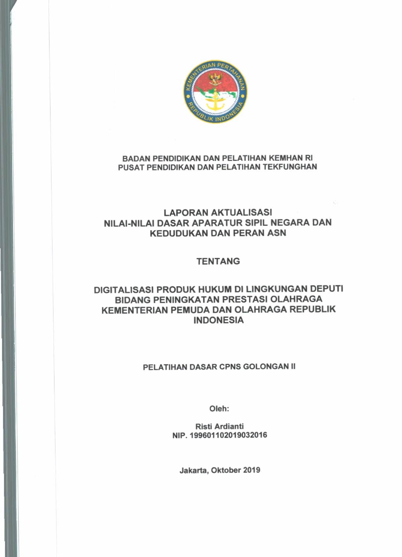 DIGITALISASI PRODUK HUKUM DI LINGKUNGAN DEPUTI BIDANG PENINGKATAN PRESTASI OLAHRAGA KEMENTERIAN PEMUDA DAN OLAHRAGA REPUBLIK INDONESIA