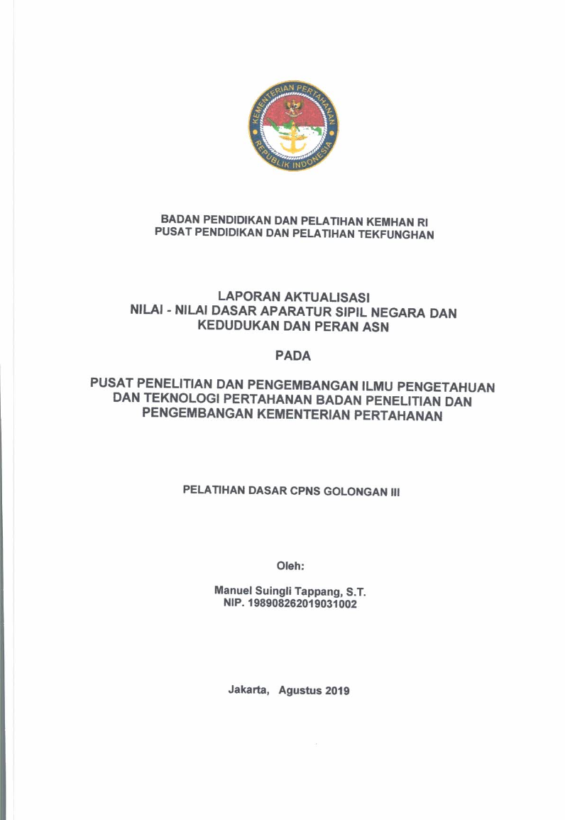 PUSAT PENELITIAN DAN PENGEMBANGAN ILMU PENGETAHUAN DAN TEKNOLOGI PERTAHANAN BADAN PENELITIAN DAN PENGEMBANGAN KEMENTERIAN PERTAHANAN