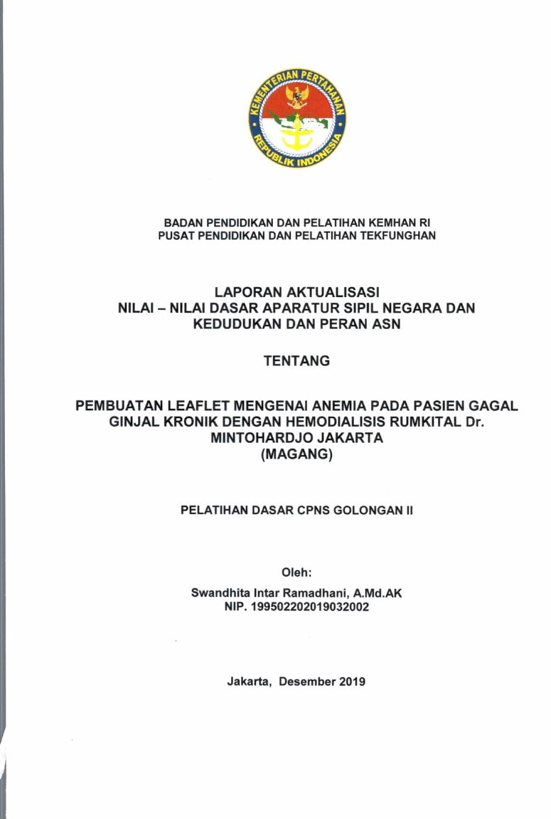 PEMBUATAN LEAFLET MENGENAI ANEMIA PADA PASIEN GAGAL GINJAL KRONIK DENGAN HEMODIALISASI RUMKITAL DR. MINTOHARDJO JAKARTA (MAGANG)