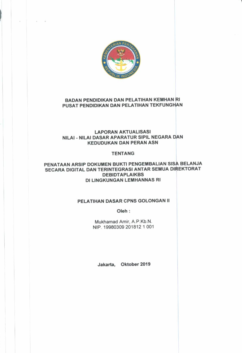 PENATAAN ARSIP DOKUMEN BUKTI PENGEMBALIAN SISA BELANJA SECARA DIGITAL DAN TERINTEGRASI ANTAR SEMUA DIREKTORAT DEBIDTAPLAIKBS DI LINGKUNGAN LEMHANNAS RI