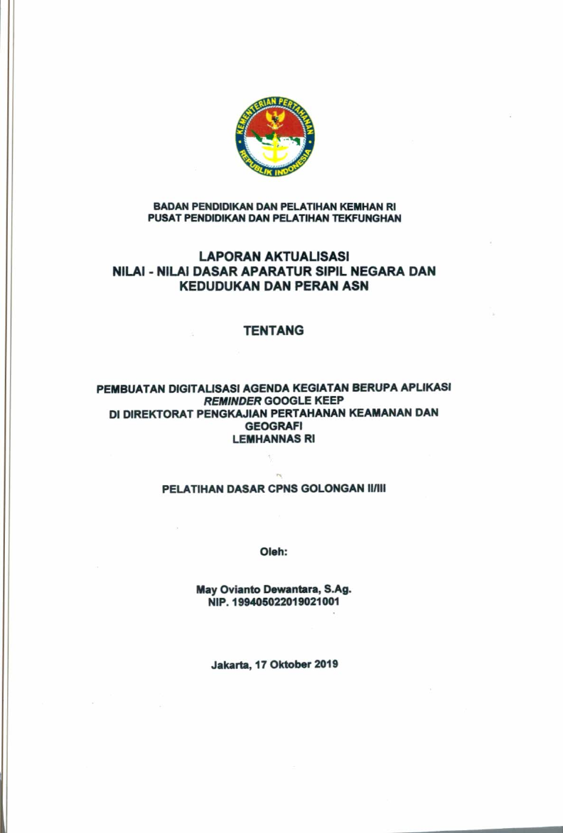 PEMBUATAN DIGITALISASI AGENDA KEGIATAN BERUPA APLIKASI REMINDER GOOGLE KEEP DI DIREKTORAT PENGKAJIAN PERTAHANAN KEAMANAN DAN GEOGRAFI LEMHANNAS RI