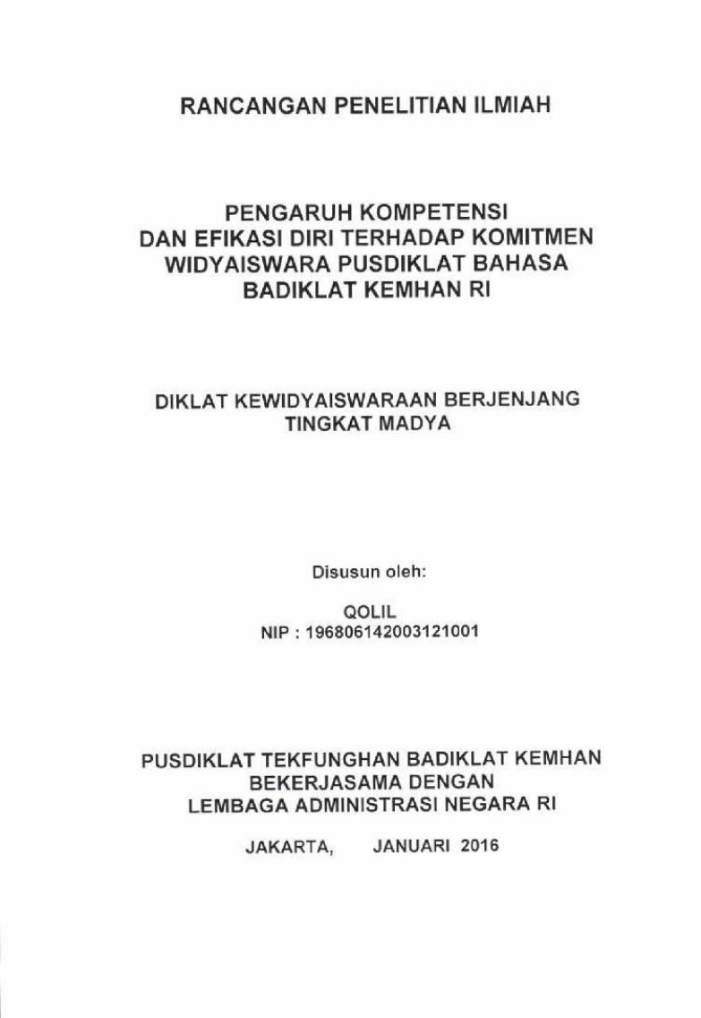 PENGARUH KOMPETENSI DAN EFIKASI DIRI TERHADAP KOMITMEN WIDYAISWARA PUSDIKLAT BAHASA BADIKLAT KEMHAN RI
