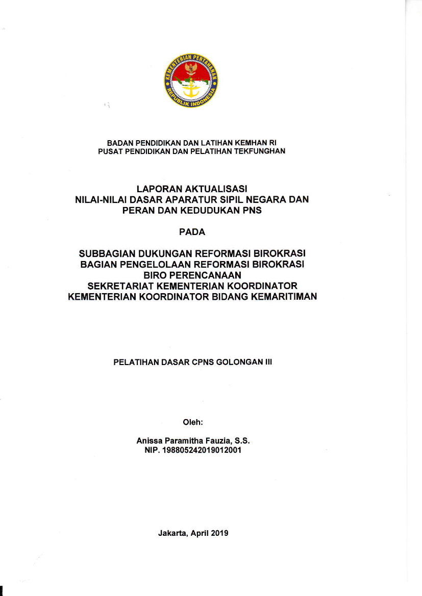SUBBAGIAN REFORMASI BIROKRASI BAGIAN PENGELOLAAN REFORMASI BIRO KRASI BIRO PERENCANAAN SEKRETARIAT KEMENTERIAN KOODINATOR KEMENTERIAN KOORDINATOR BIDANG KEMARITIMAN