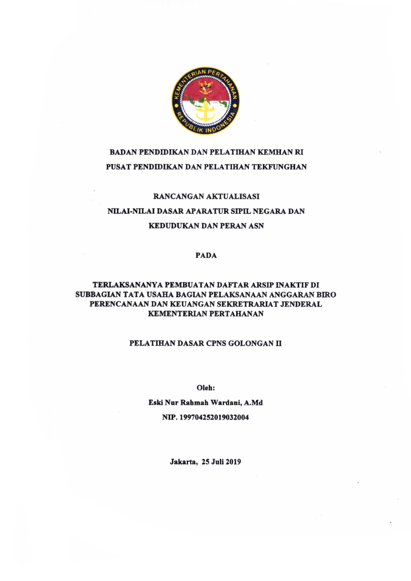 TERLAKSANANYA PEMBUATAN DAFTAR ARSIP INAKTIF DI SUBBAGIAN TATA USAHA BAGIAN PELAKSANAAN ANGGARAN BIRO PERENCANAAN DAN KEUANGAN SEKRETARIAT JENDERAL KEMENTERIAN PERTAHANAN