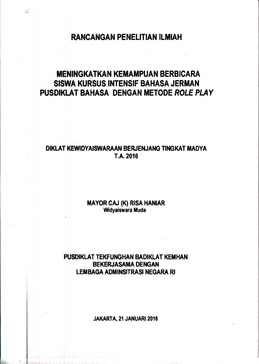 MENINGKATKAN KEMAMPUAN BERBICARA SISWA KURSUS INTENSIF BAHSA JERMAN PUSDIKLAT BAHASA DENGAN METODE ROLE PLAY