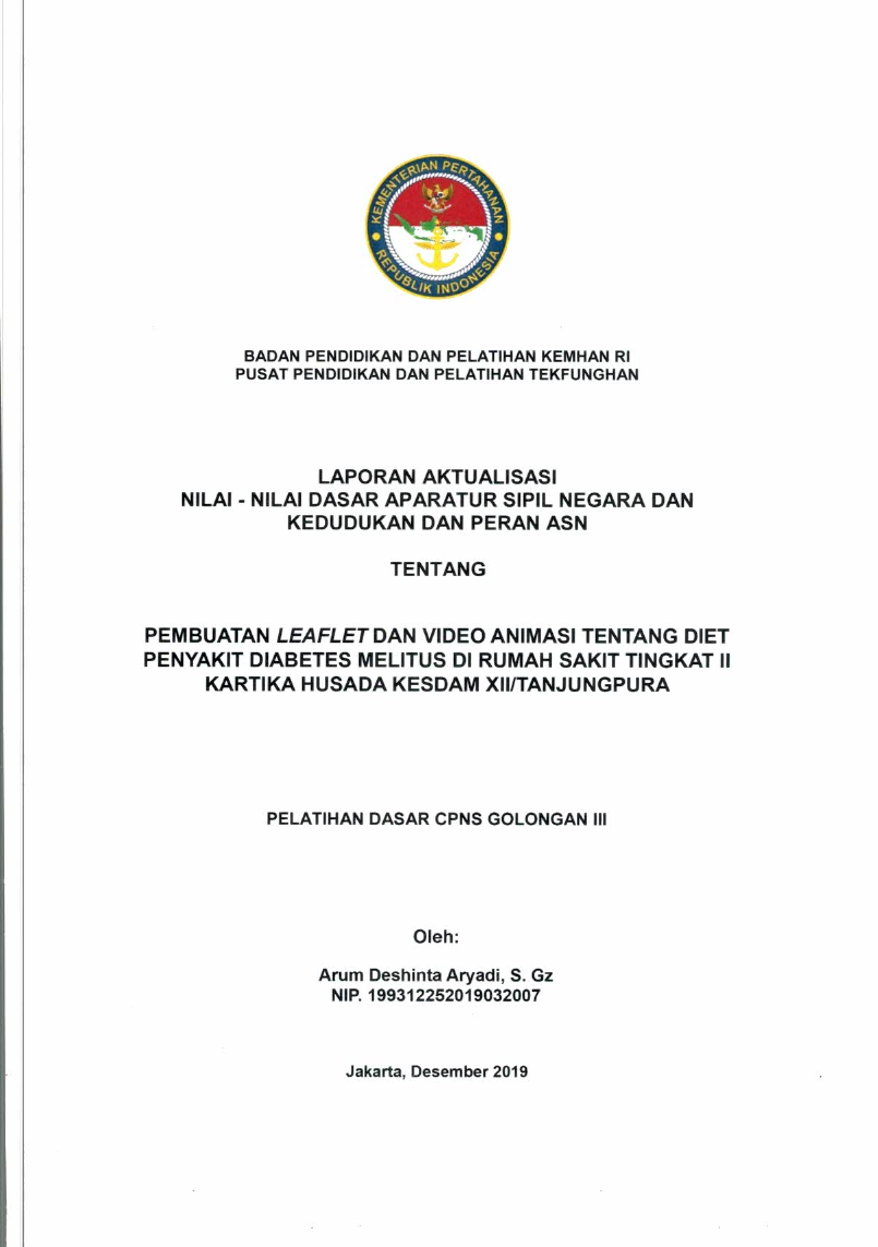 PEMBUATAN LEAFLET DAN VIDEO ANIMASI TENTANG DIET PENYAKIT DIABETES MELITUS DI RUMAH SAKIT TINGKAT II KARTIKA HUSADA KESDAM XII/TANJUNGPURA