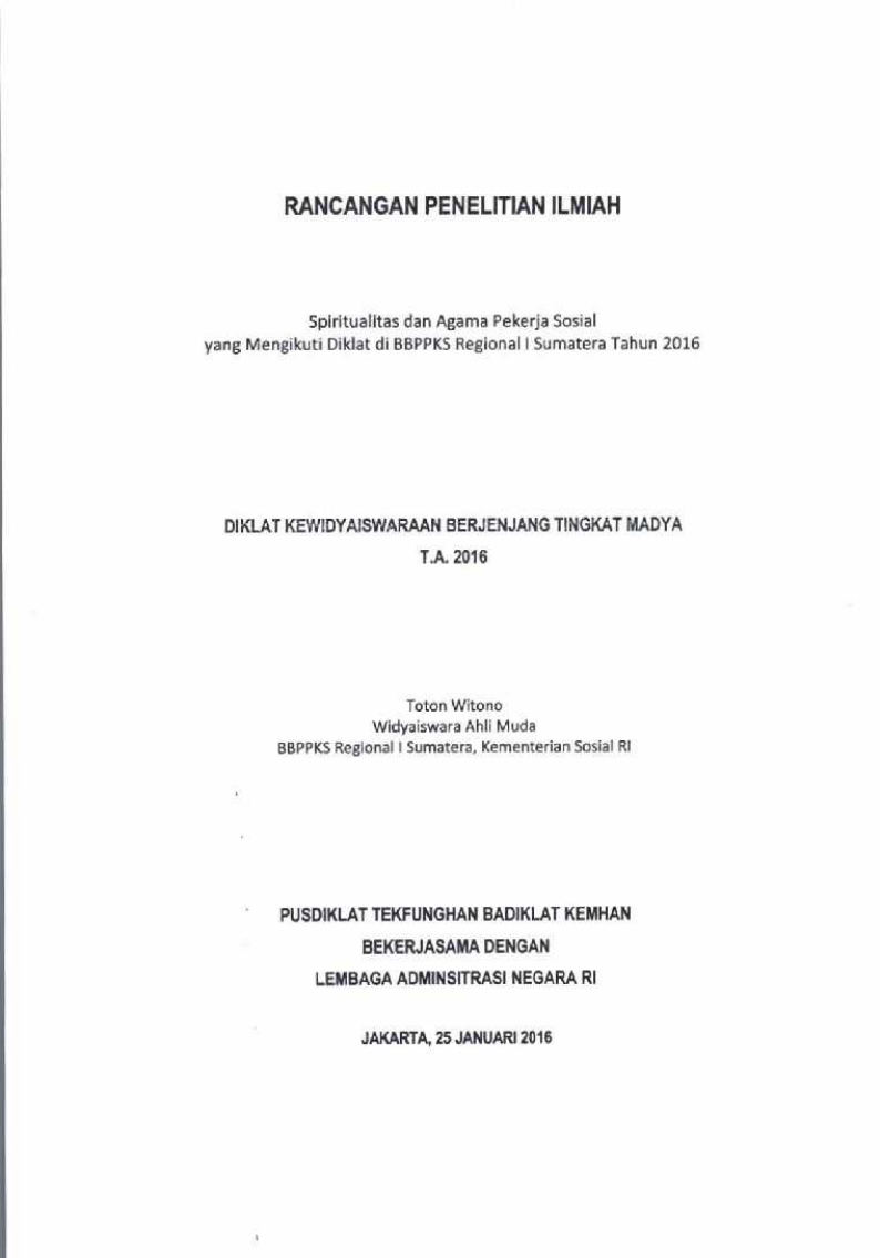 SPIRITUALITAS DAN AGAMA PEKERJA SOSIAL YANG MENGIKUTI DIKLAT DI BBPPKS REGIONAL I SUMATERA TAHUN 2016