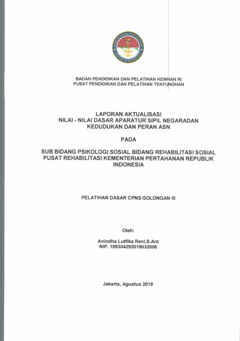 SUB BIDANG PSIKOLOGI SOSIAL BIDANG REHABILITASI SOSIAL PUSAT REHABILITASI KEMENTERIAN PERTAHANAN REPUBLIK INDONESIA
