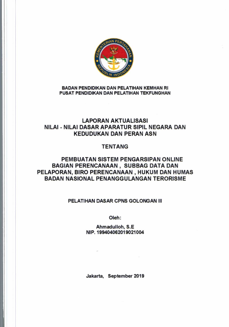 PEMBUATAN SISTEM PENGARSIPAN ONLINE BAGIAN PERENCANAAN, SUBBAG DATA DAN PELAPORAN, BIRO PERENCANAAN, HUKUM DAN HUMAS BADAN NASIONAL PENANGGULANGAN TERORISME