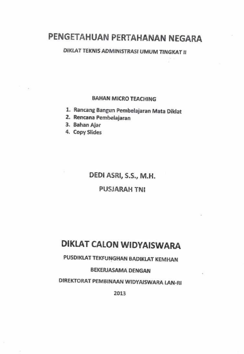 PENGETAHUAN PERTAHANAN NEGARA DIKLAT TEKNIS ADMINISTRASI UMUM TINGKAT II