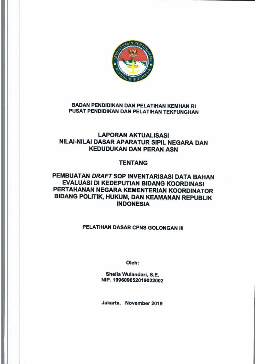 PEMBUATAN DRAFT SOP IVENTARISASI DAFTAR BAHAN EVALUASI DI KEDEPUTIAN BIDANG KOORDINASI PERTAHANAN NEGARA KEMENTERIAN KOORDINATOR BIDANG POLITIK, HUKUM, DAN KEAMANAN REPUBLIK INDONESIA
