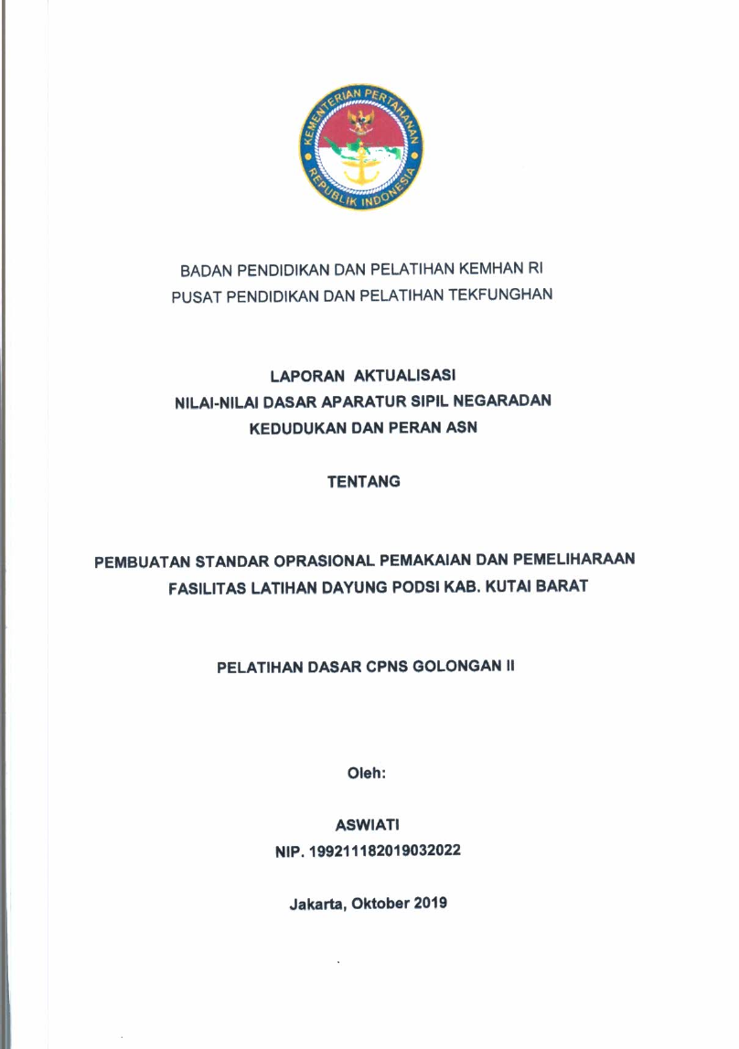 PEMBUATAN STANDAR OPERASIONAL PEMAKAIAN DAN PEMELIHARAAN FASILITAS LATIHAN DAYUNG PODSI KAB. KUTAI BARAT
