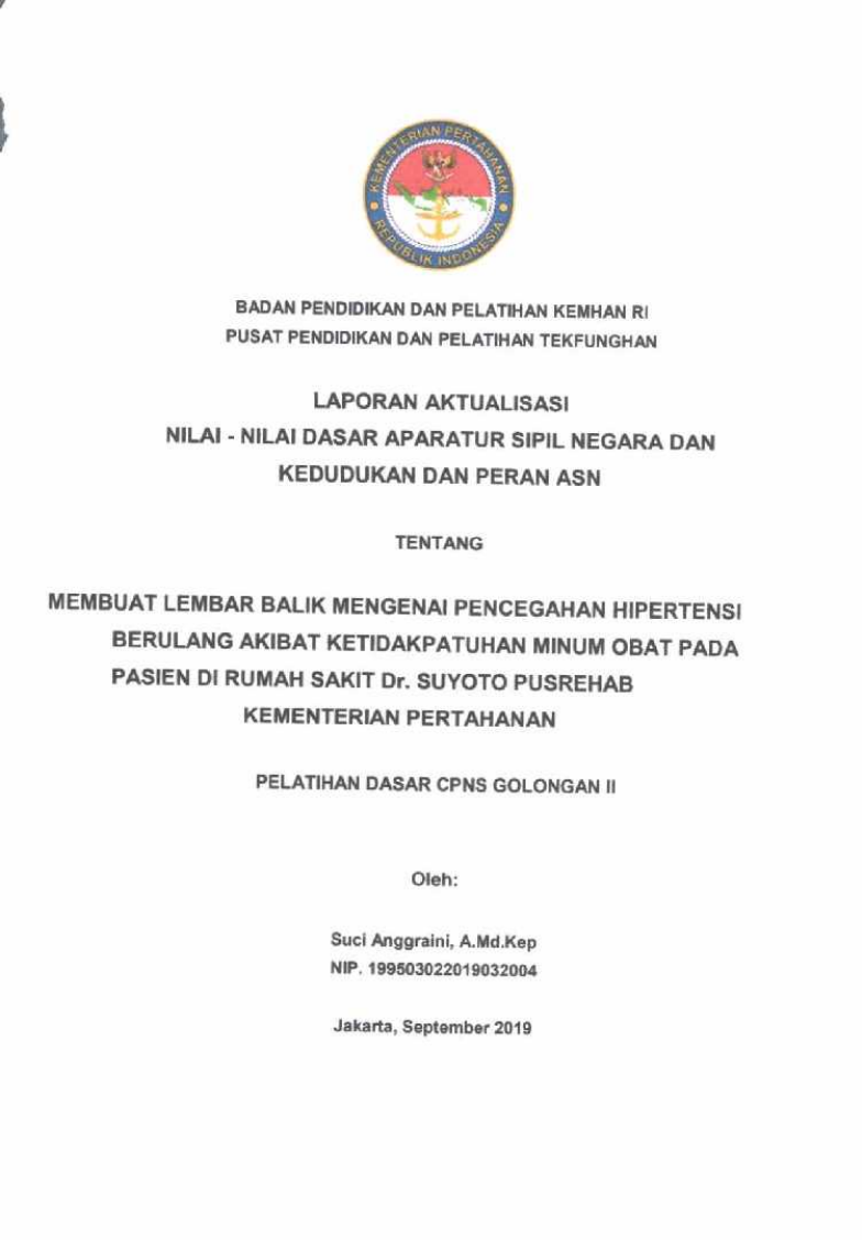 MEMBUAT LEMBAR BALIK MENGENAI PENCEGAHAN HIPERTENSI BERULANG AKIBAT KETIDAKPATUHAN MINUM OBAT PADA PASIEN DI RUMAH SAKIT DR.SUYOTO PUSREHAB KEMHAN