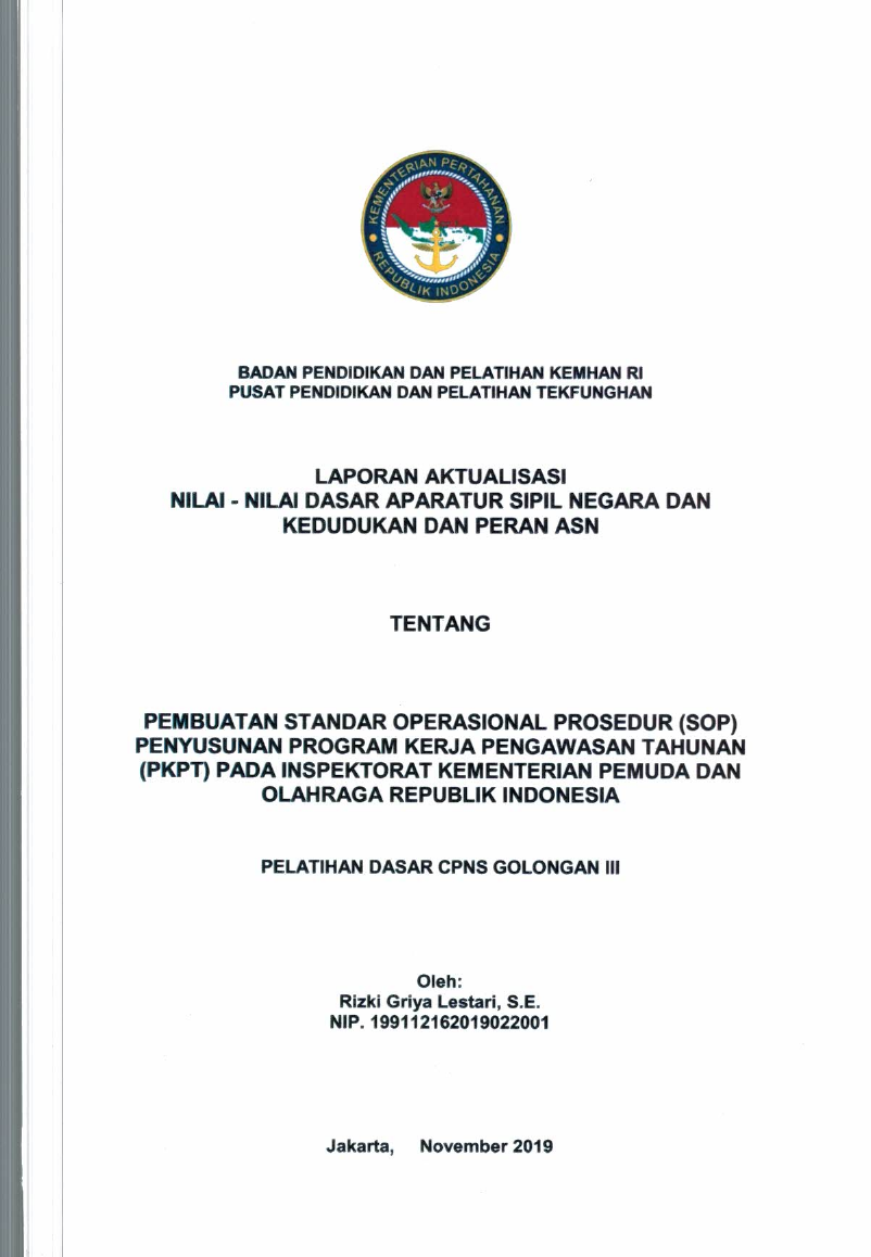 PEMBUATAN STANDAR OPERASIONAL PROSEDUR (SOP) PENYUSUNAN PROGRAM KERJA PENGAWASAN TAHUNAN (PKPT) INSPEKTORAT KEMENTERIAN PEMUDA DAN OLAHRAGA REPUBLIK INDONESIA