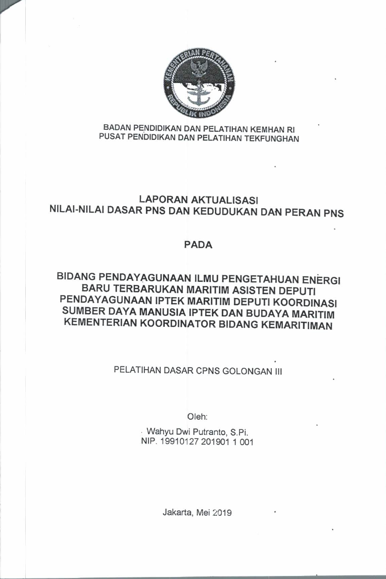 BIDANG PEDAYAGUNAAN ILMU PENGETAHUAN ENERGI BARU TERBARUKAN MARITIM ASISTEN DEPUTI PENDAYAGUNAAN IPTEK MARITIM DEPUTI KOODRINASI SUMBER DAYA MANUSIA IPTEK DAN BUDAYA MARITIM KEMENTERIAN KOORDINATOR BIDANG KE MARITIMAN