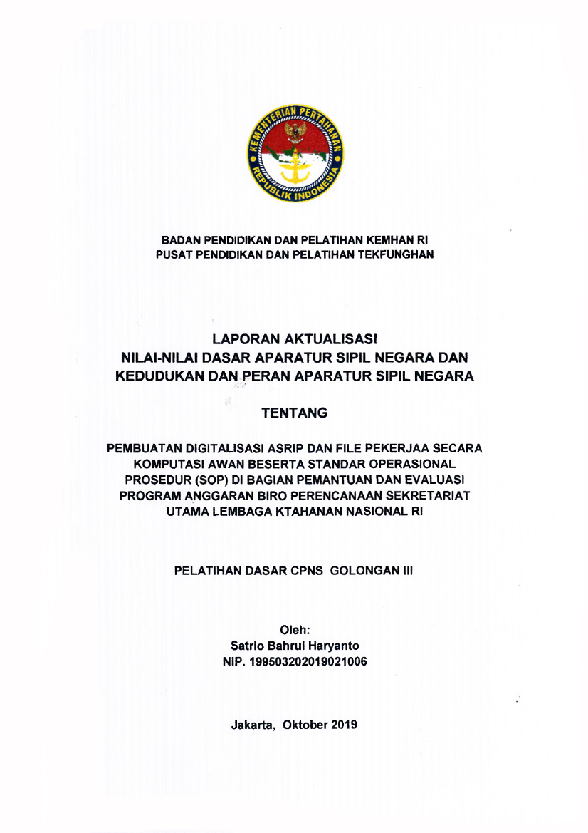 PEMBUATAN DIGITALISASI ARSIP DAN FILE PEKERJA SECARA KOMPUTASI AWAN BESERTA STANDAR OPERASIONAL PROSEDUR (SOP) DI BAGIAN PEMANTUAN DAN EVALUASI PROGRAM ANGGARAN BIRO PERENCANAAN SEKRETARIAT UTAMA LEMBAGA KETAHANAN NASIONAL RI