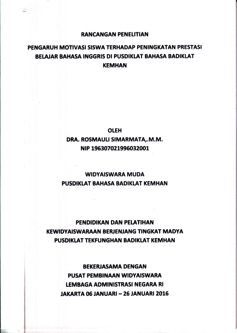 PENGARUH MOTIVASI SISWA TERHADAP PENINGKATAN PRESTASI BELAJAR BAHASA INGGRIS DI PUSDIKLAT BAHASA BADIKLAT KEMHAN