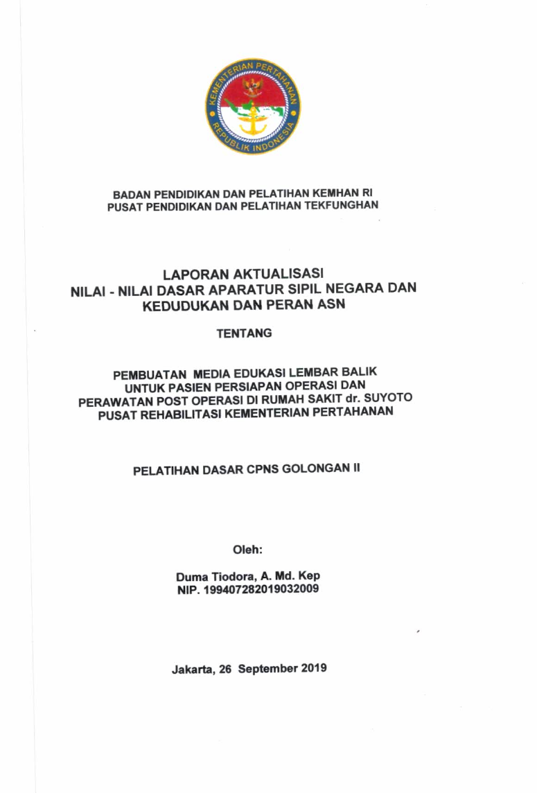 PEMBUATAN MEDIA EDUKASI LEMBAR BALIK UNTUK PASIEN PERSIAPAN OPERASI DAN PERAWATAN POST OPERASI DI RUMAH SAKIT DR. SUYOTO PUSAT REHABILITASI KEMENTERIAN PERTAHANAN`