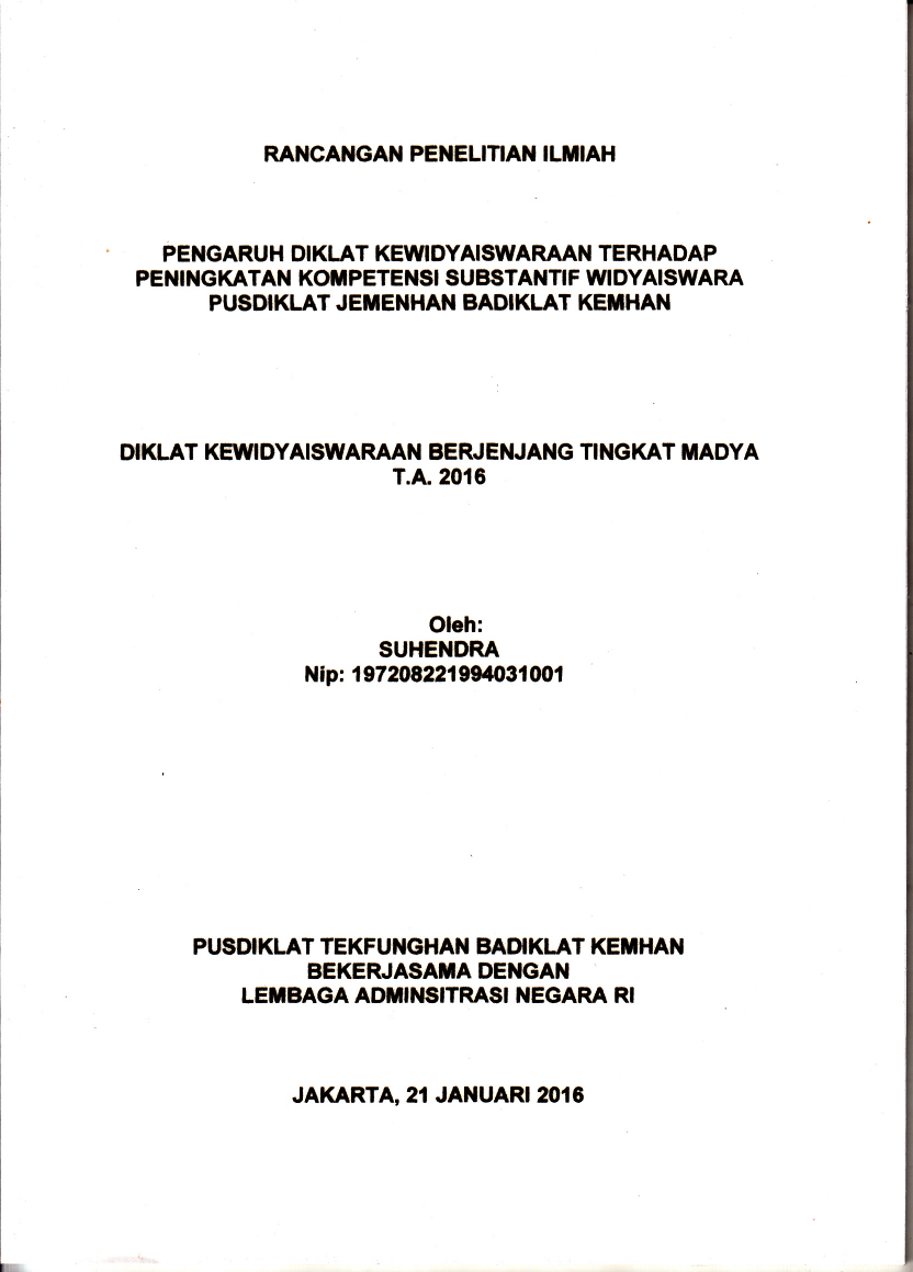 PENGARUH DIKLAT KEWIDYAISWARAAN TERHADAP PENINGKATAN KOMPETENSI SUBSTANTIF WIDYAISWARA PUSDIKLAT JEMENHAN BADIKLAT KEMHAN