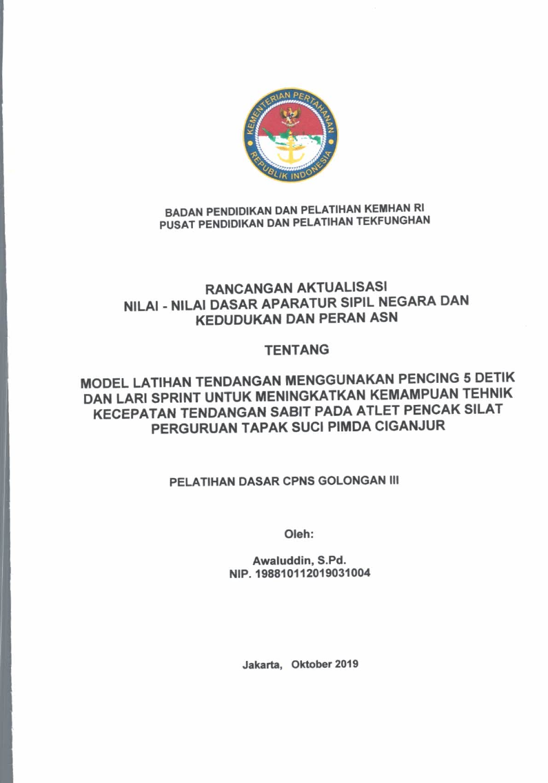 MODEL LATIHAN TENDANGAN MENGGUNAKAN PENCING 5 DETIK DAN LARI SPRINT UNTUK MENINGKATKAN KEMAMPUAN TEKHNIK KECEPATAN TENDANGAN SABIT PADA ATLET PENCAK SILAT PERGURUAN TAPAK SUCI PIMDA CIGANJUR